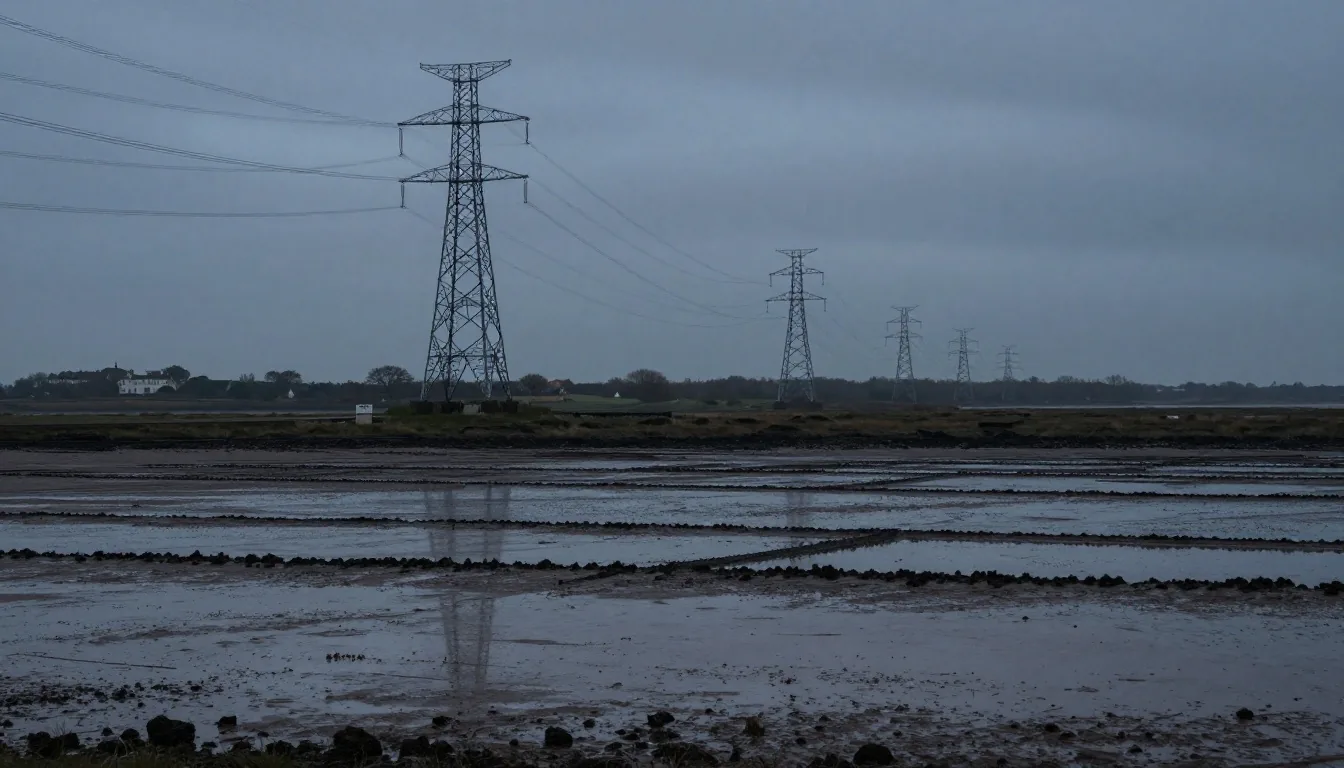 Coastal transmission grid infrastructure across northern British wetlands at twilight