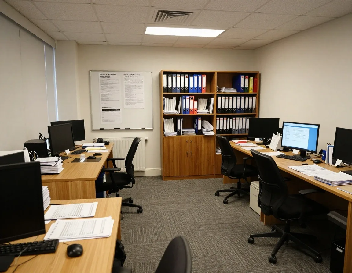 Quiet Meadow editorial office in central London with reference binders and analytical documents