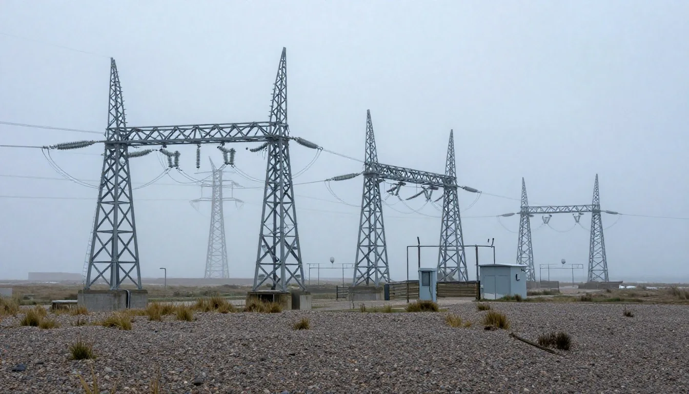 Coastal transmission substation infrastructure under early morning light