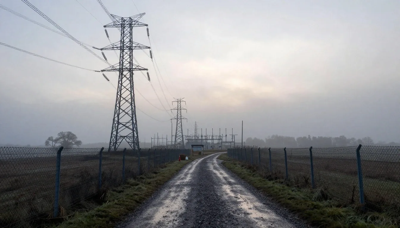 British high-voltage electrical substation and transmission pylons in the dawn mist