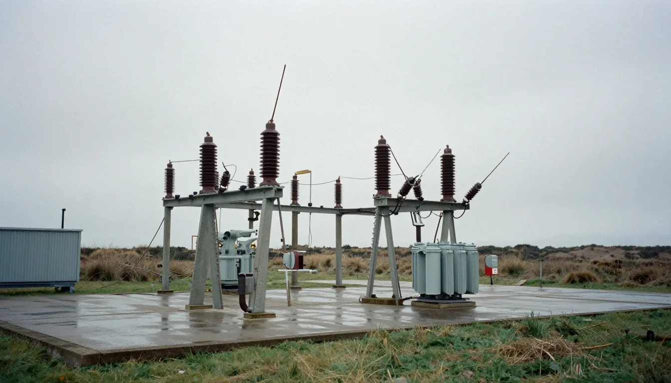 Coastal British high-voltage electrical transmission substation at dawn mist