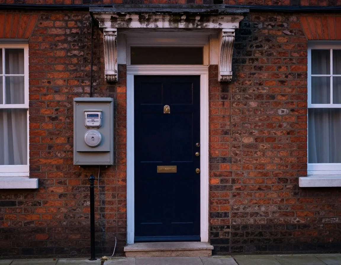 Domestic electric meter connection dials inside a British residential utility cupboard