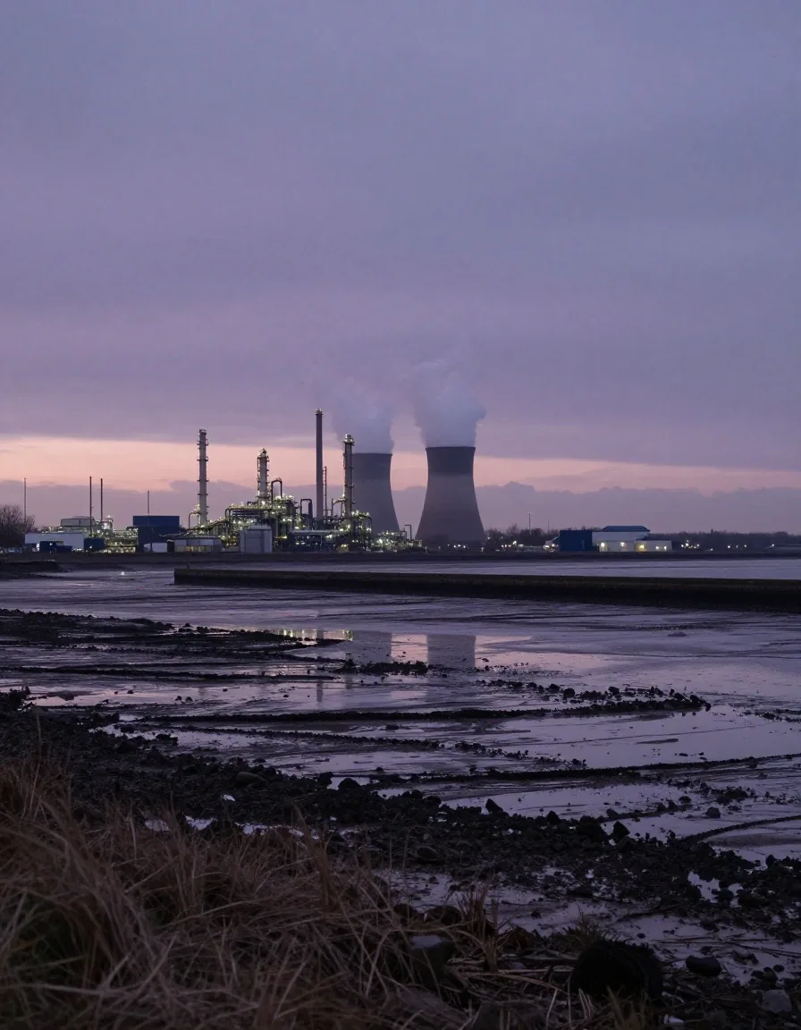 Coastal industrial landscape under winter dusk representing regional energy exposure