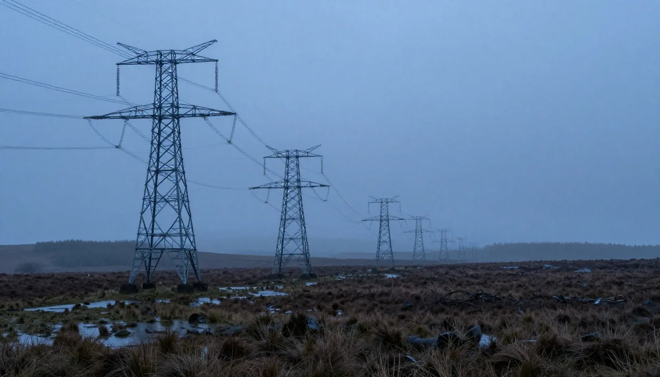 High-voltage electrical substation and transmission pylons under a cold coastal British sky