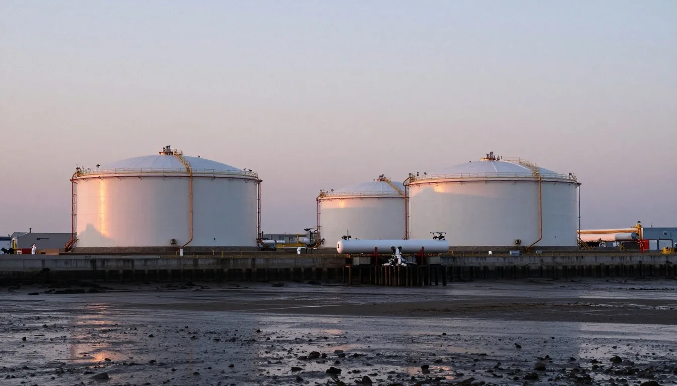 Coastal liquefied natural gas storage tanks and pipeline terminal
